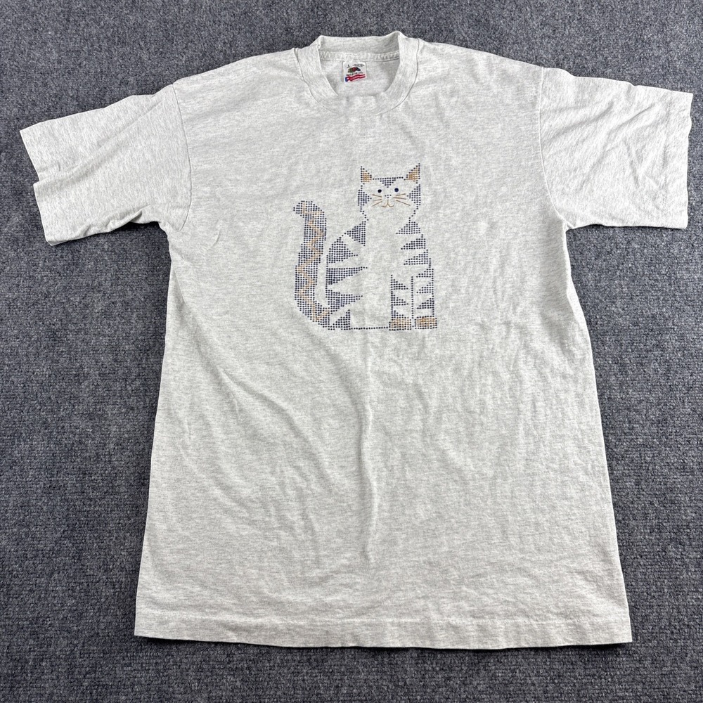 Vintage 90s Fruit of the Loom Puff Paint Cat T-Shirt Gray L Single Stitch USA